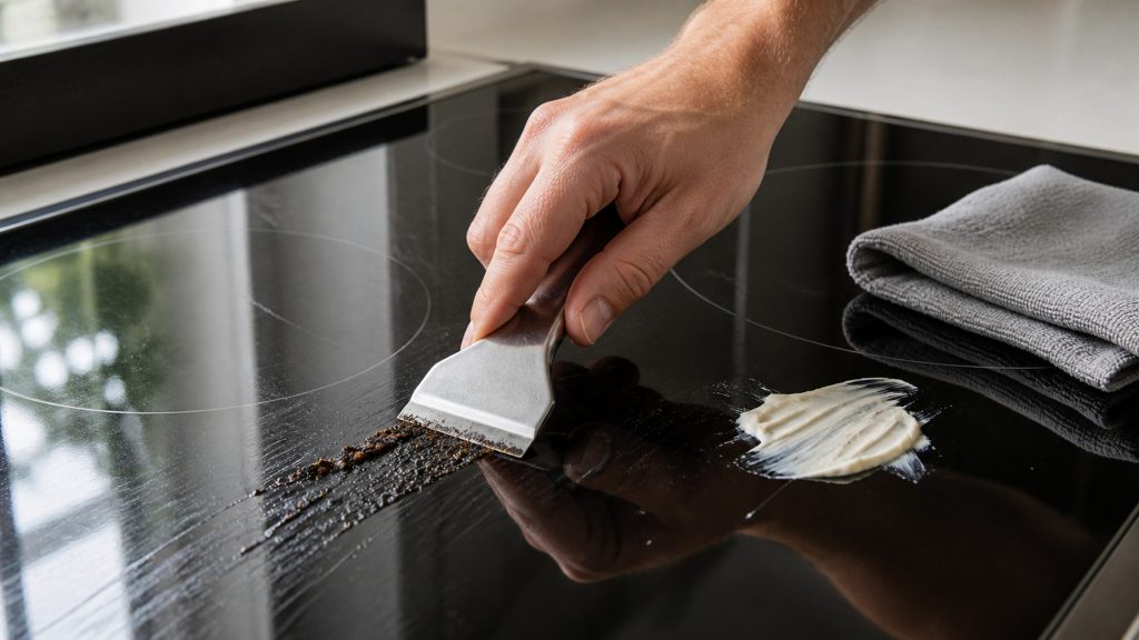 A hand holding a flat razor scraper at a shallow angle against a black glass cooktop, pushing burnt residue ahead of the blade, cleaning paste and a folded cloth beside it