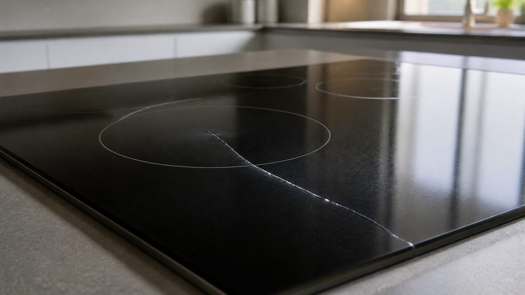 A single long crack running across a black glass-ceramic cooktop from one cooking zone to its edge, seen at a raking angle