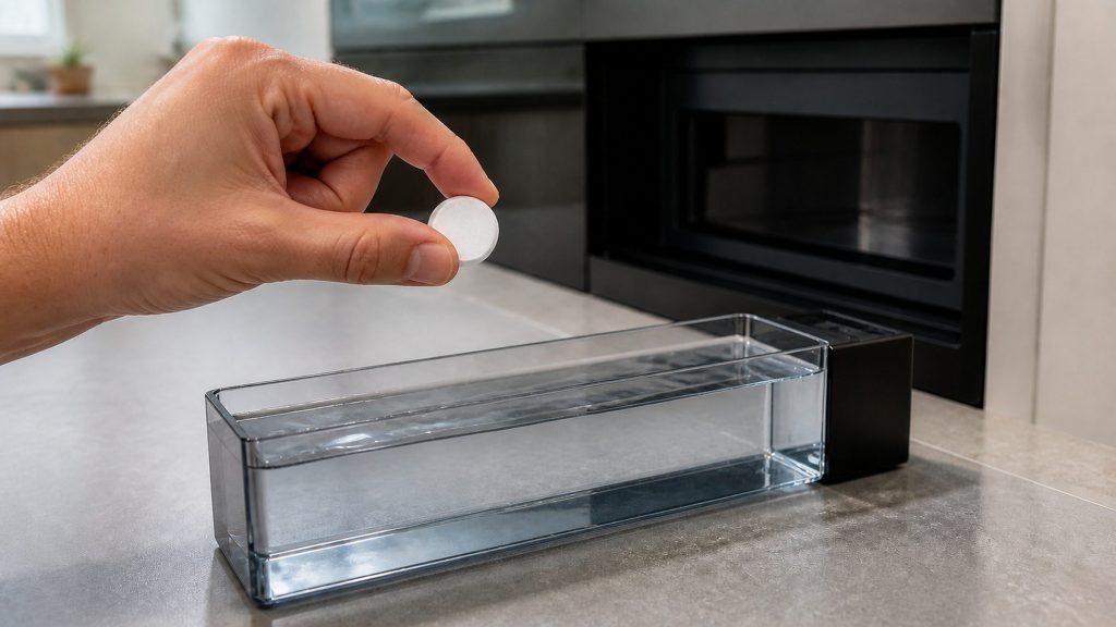 A plain white descaling tablet held above the water container of a built-in steam oven, drawn out and standing on the worktop