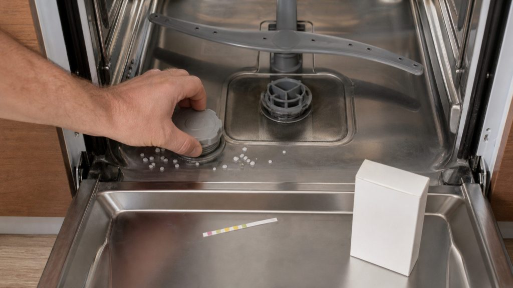 A hand screwing the softener cap back into the floor of a dishwasher tub, salt granules scattered around it, a used water-hardness test strip and a plain salt box on the open door