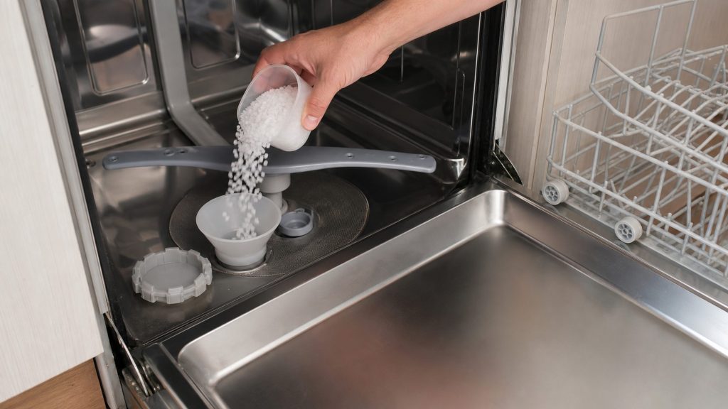 A hand pouring coarse dishwasher salt from a plain scoop through a funnel into the softener opening in the floor of an open dishwasher