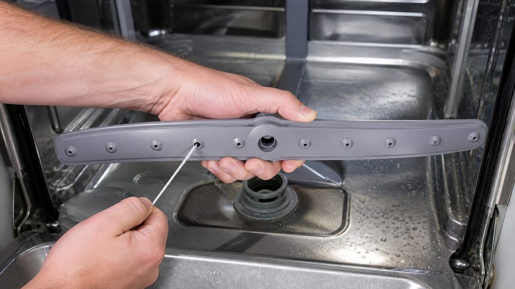 A dishwasher's lower spray arm held above the open tub while a thin brush clears one of its jets