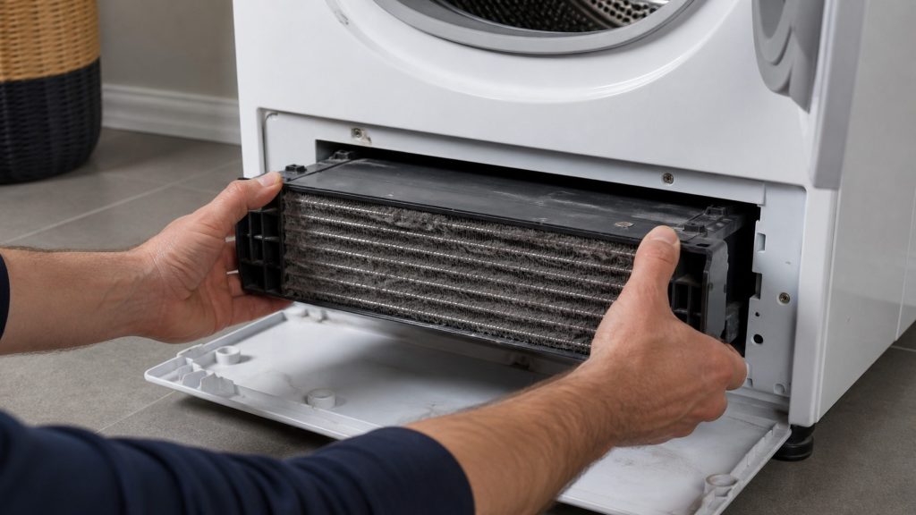 Two hands drawing a finned condenser block out of the plinth of a heat-pump dryer, gray lint packed between the fins