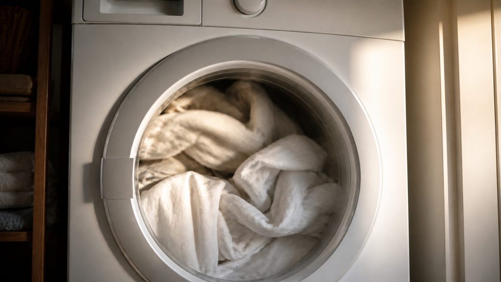 White and pale linen tumbling behind the round glass door of a running dryer, late-afternoon light across the glass