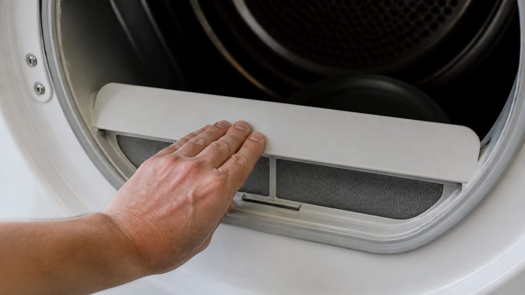 A hand closing the fluff filter flap inside the door opening of a dryer, the fine mesh filter seated back in its slot