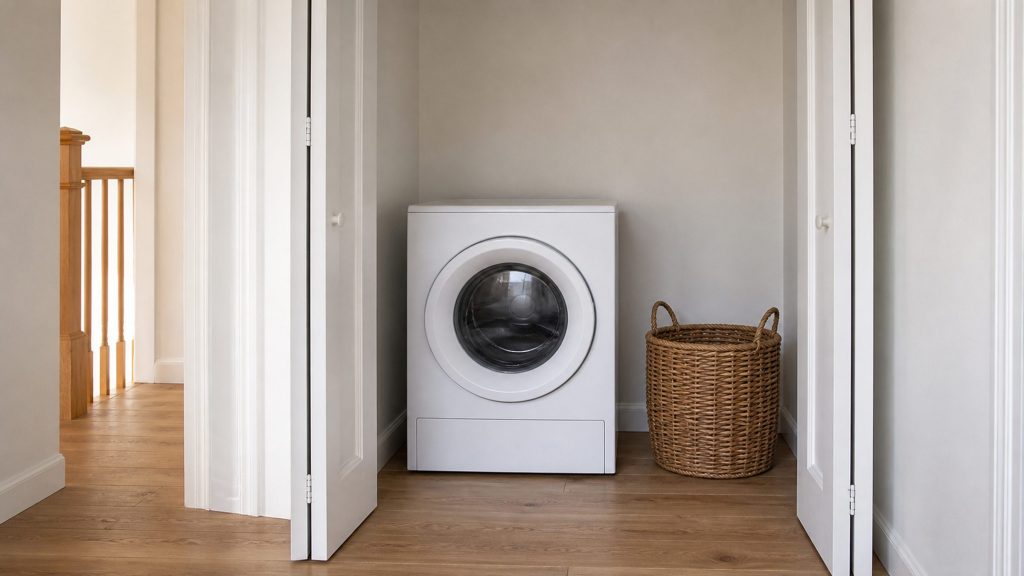 A dryer standing in a narrow hallway closet with the bifold doors folded back and no duct running to the plain wall behind it