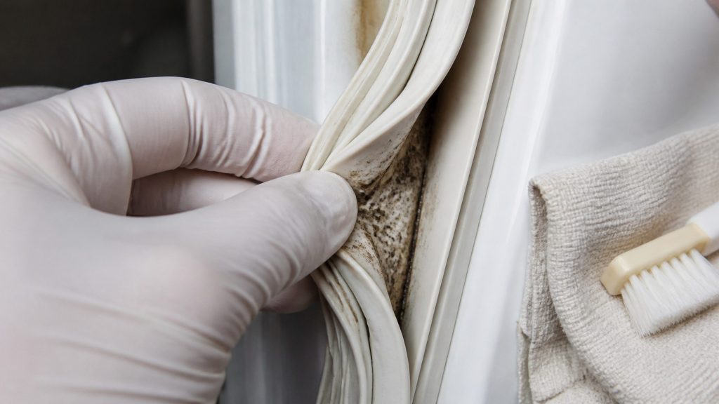 A gloved thumb pulling open one fold of a refrigerator door gasket to show black mold in the crease, a cloth and a brush beside it