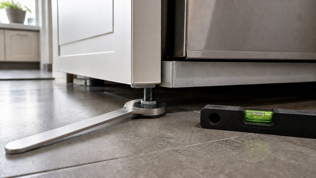 A spanner on the flats of an adjustable levelling foot under the front corner of a refrigerator, a small spirit level lying on the tiled floor beside it