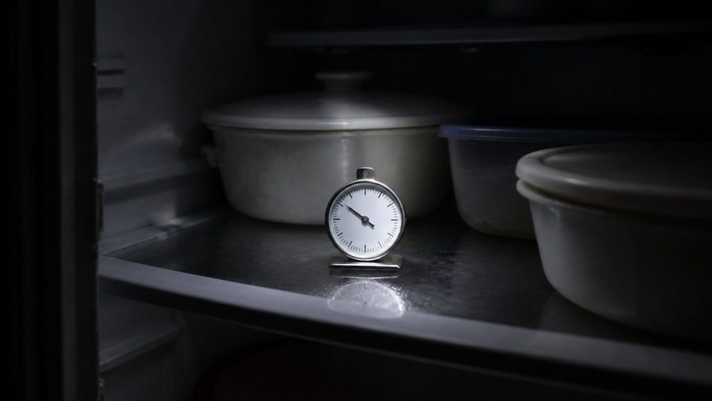 A small dial thermometer on a glass shelf inside an unlit refrigerator, picked out by a torch beam among covered dishes
