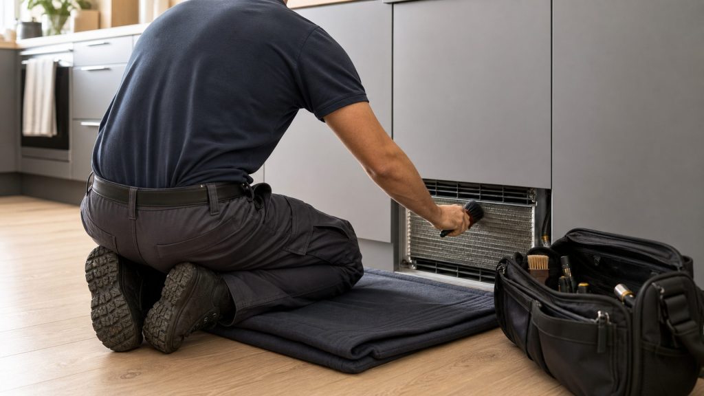 A technician kneeling on a folded mat in front of fitted cabinetry, brushing a plinth grille clean, an open tool bag beside him