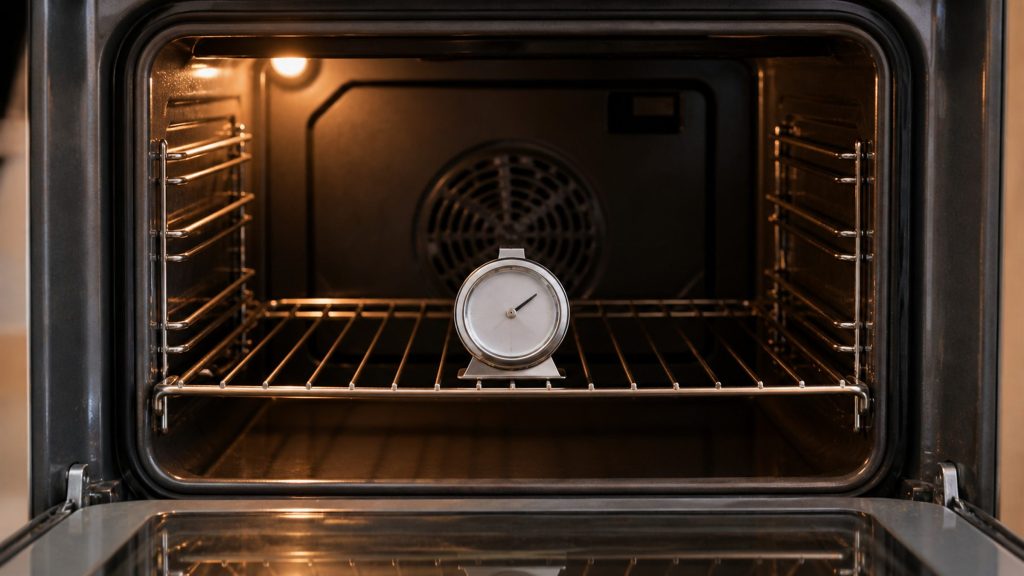 A round dial oven thermometer standing on the middle shelf of a built-in oven, seen through the open door with the cavity light on