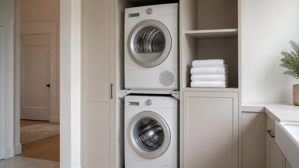 A washing machine and a dryer stacked one above the other in a tall cabinet niche in a bright laundry room, the joining bracket visible between them