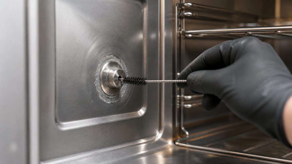 A gloved hand pushing a fine descaling brush into the steam inlet nozzle in the back wall of a steam oven, chalky scale ringing the nozzle
