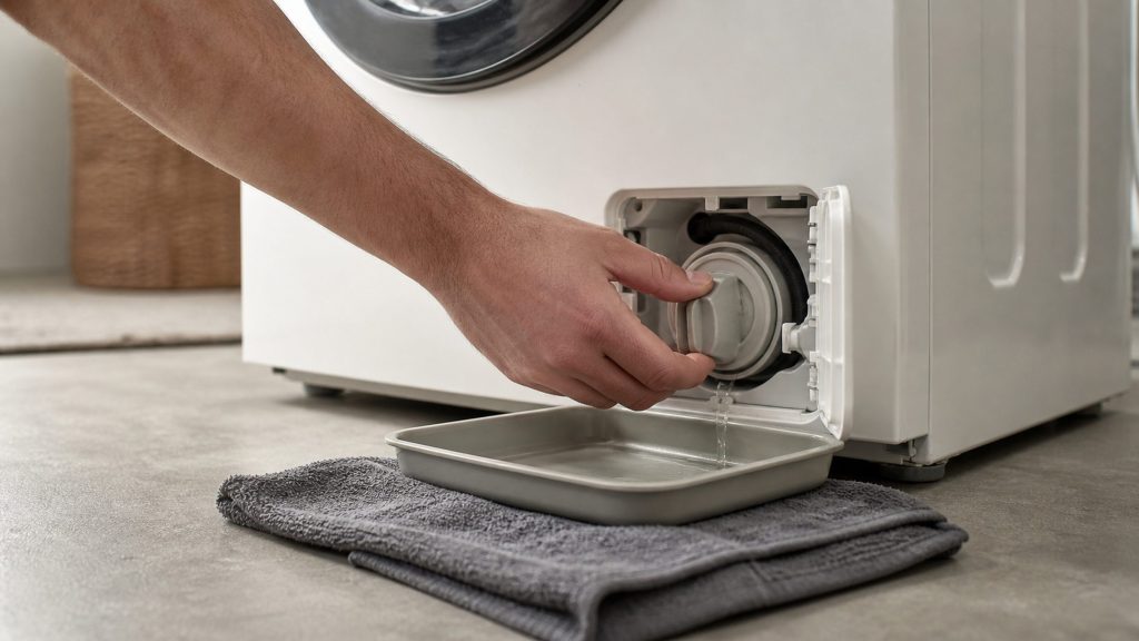 A hand unscrewing the drain-pump filter behind the open service flap at the foot of a front-loading washing machine, gray water running into a shallow tray