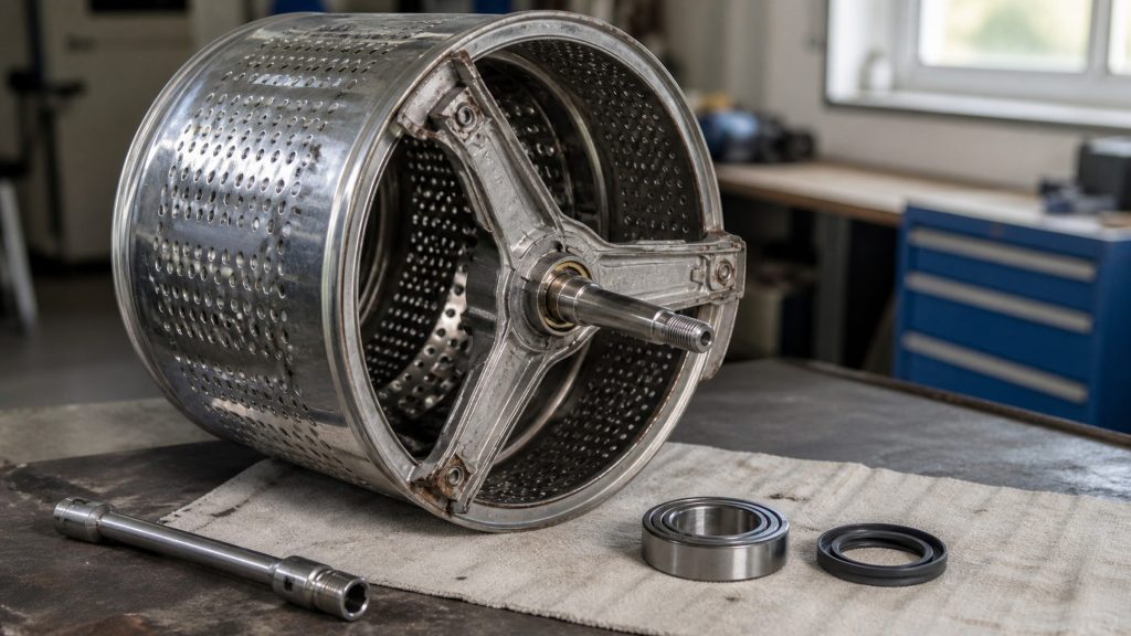 The stainless drum of a front-loading washing machine standing on a workshop bench, with a bearing race and a shaft seal laid out beside it