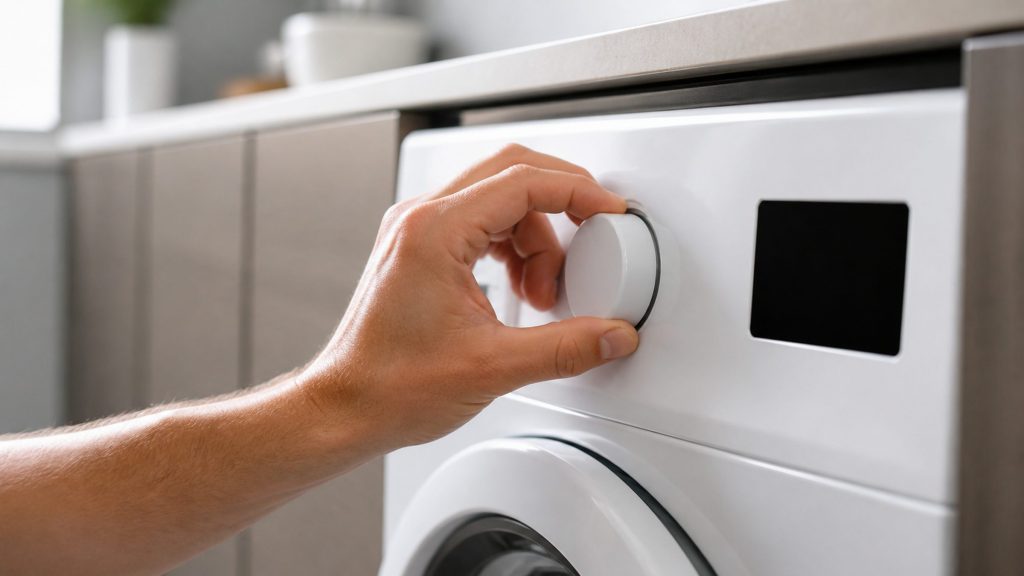 A hand turning the blank round program selector on the fascia of a white front-loading washing machine