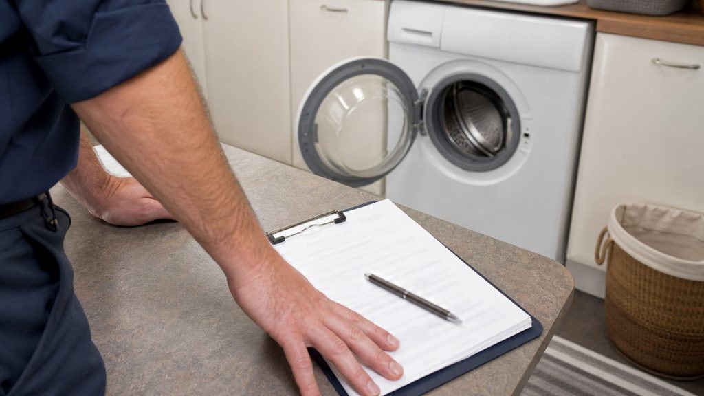 A technician's hands at a laundry-room worktop with a written estimate on a clipboard, an open washing machine behind
