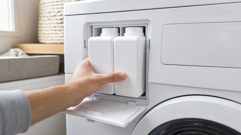Two plain white detergent cartridges seated in their bays behind the open flap in the front of a white washing machine, a hand steadying them