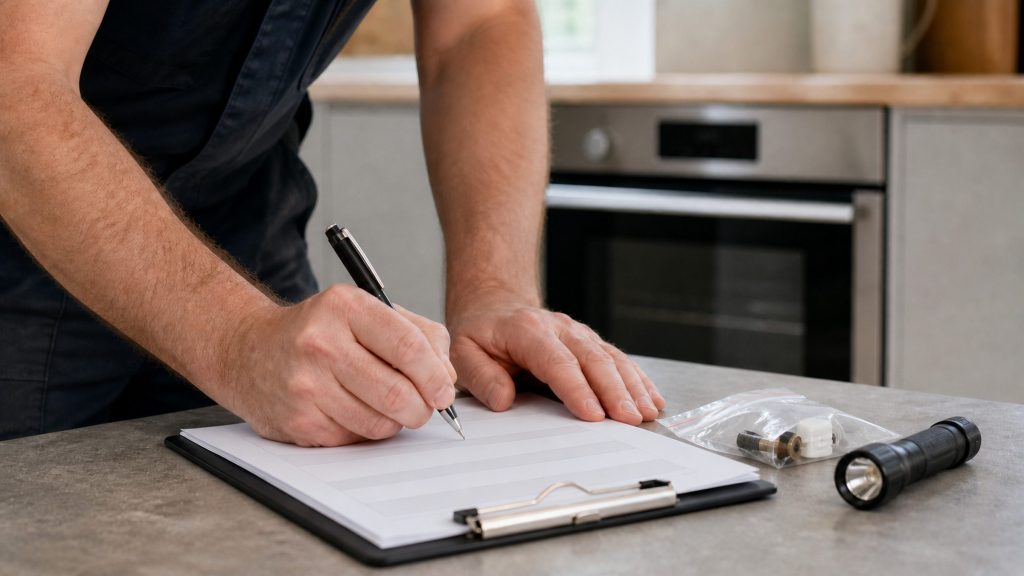 A technician writing on an estimate on a clipboard at a kitchen worktop, a bagged part and a torch beside it, a built-in oven behind