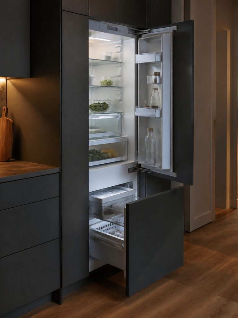 A built-in bottom-mount refrigerator with the upper door open on lit shelves and the freezer drawer pulled out