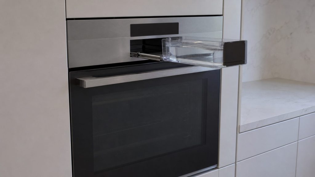 A combination steam oven with its water container drawn out of the recess above the door