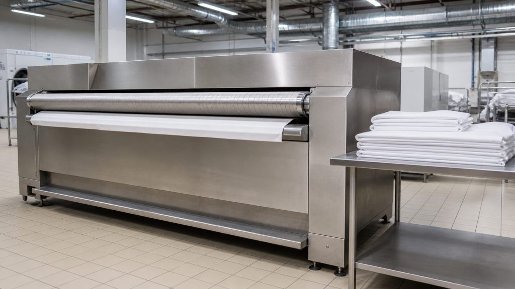 A long flatwork ironer in a professional laundry, folded white linen stacked on the steel table beside it