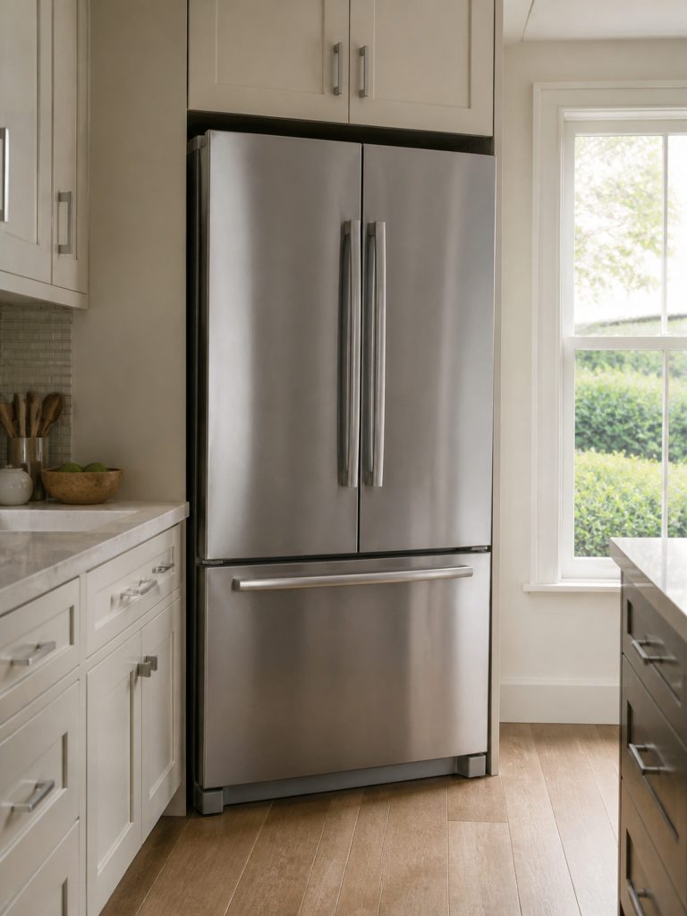 A tall stainless freestanding refrigerator with a freezer drawer below, at the end of a pale kitchen run