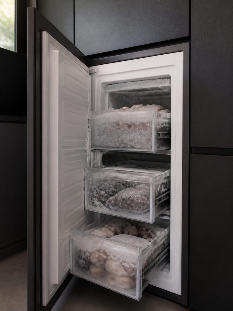 A narrow built-in freezer column open on three clear-fronted drawers pulled out at different depths