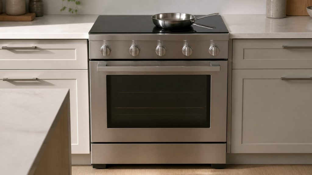 A stainless range with a smooth black induction top and one oven below, a steel pan on the near zone