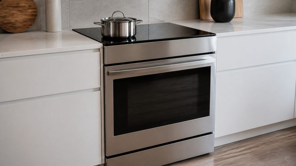 A stainless range with a smooth induction top and one oven below, in a run of white handleless cabinets