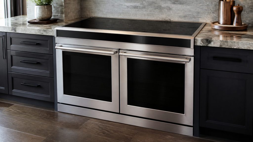 A wide stainless range with a black induction surface and two oven doors below, in a dark kitchen
