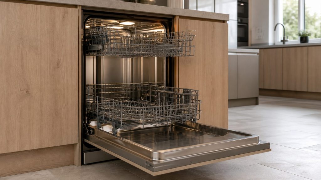 A fully integrated dishwasher standing open behind a pale oak cabinet front, both racks drawn out
