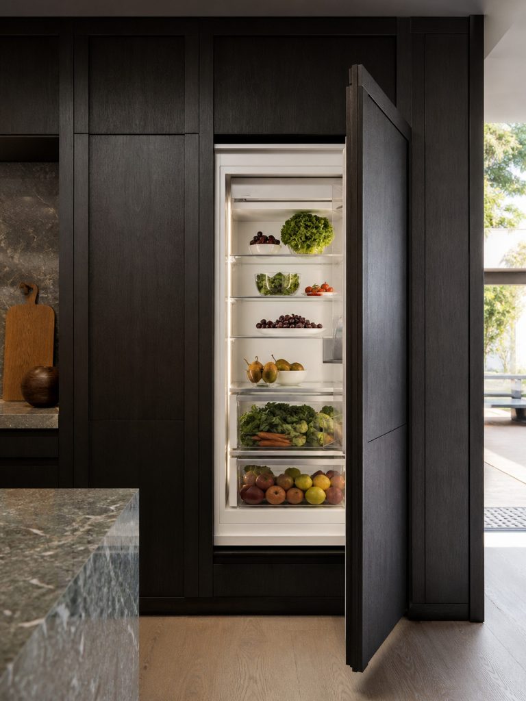 A tall built-in refrigerator cabinet standing open in a wall of dark cabinetry, glass shelves lit from both sides