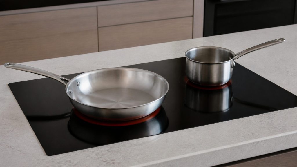 A smooth black radiant cooktop flush in pale stone, two zones glowing under a pan and a saucepan