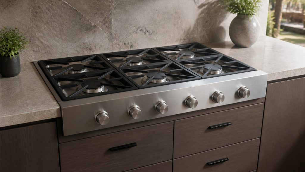 A professional gas rangetop in a stone worktop, six sealed burners under cast grates and a row of knurled knobs