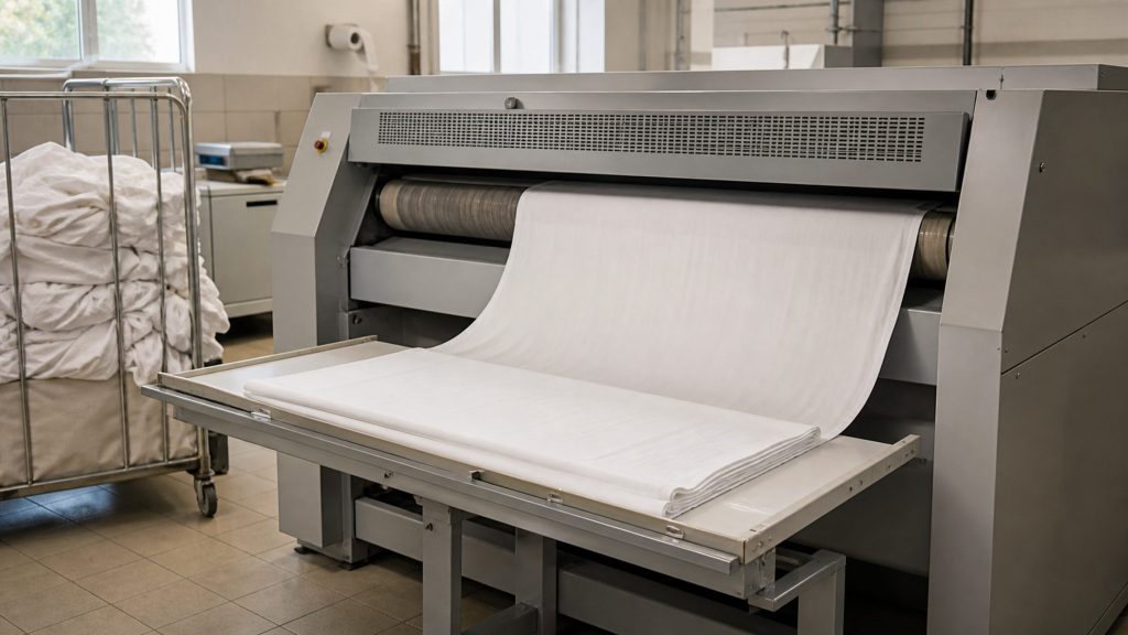 A rotary ironer in a working laundry, a white sheet feeding over the roller onto the front table