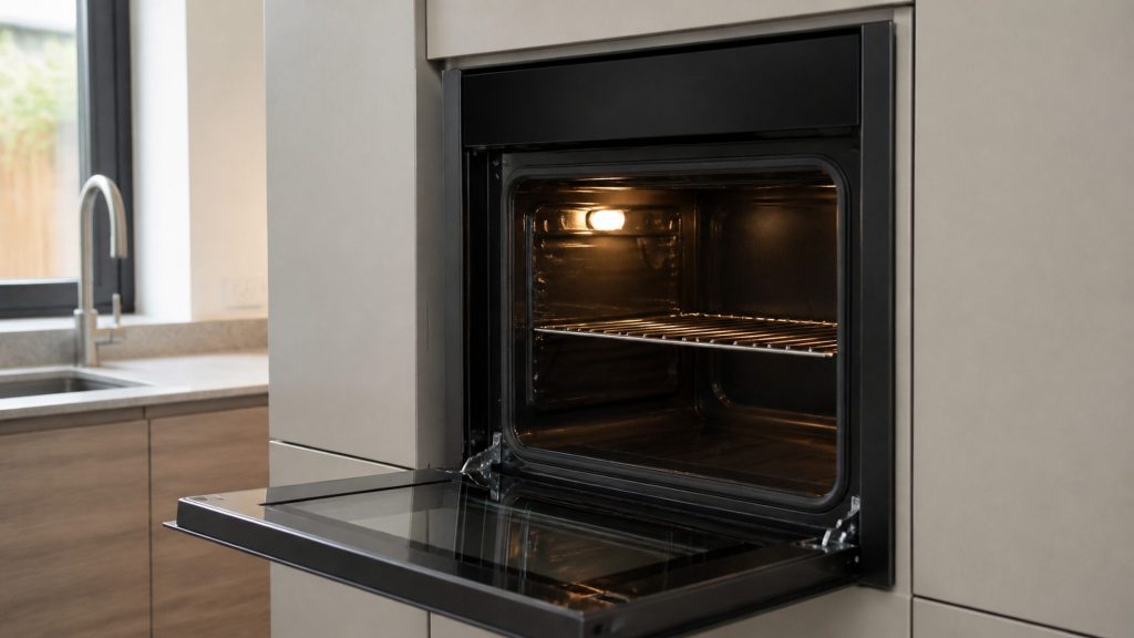 A compact built-in oven at eye height with its door open on a small lit cavity and a single wire shelf