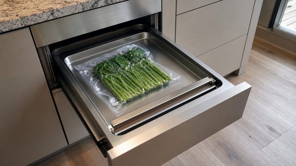 A vacuum-sealing drawer open on a stainless tray, a sealed pouch of green asparagus lying flat