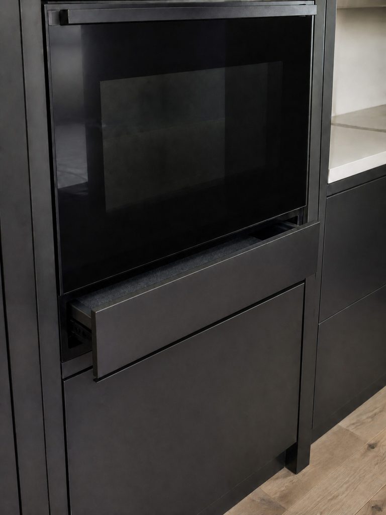 A handleless warming drawer standing a hand's width open below a built-in oven in a dark cabinet column