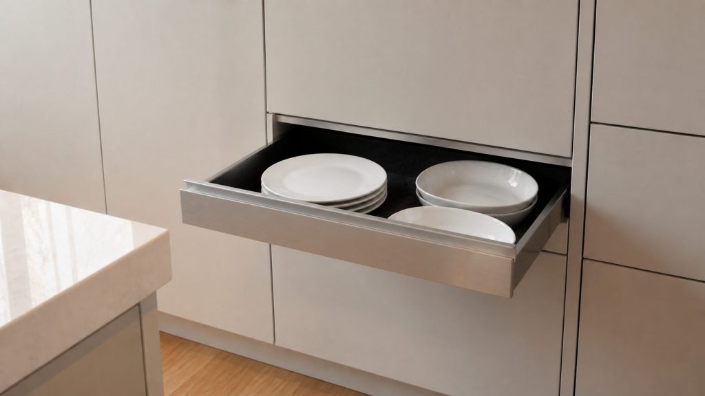 A stainless warming drawer pulled open in a pale cabinet run, white plates and two serving dishes on its felted base