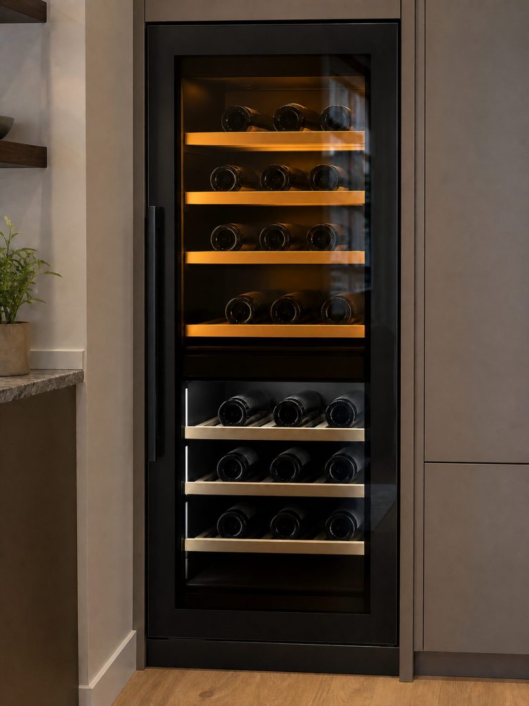 A tall wine cabinet behind smoked glass, the upper compartment lit warm and the lower one cool