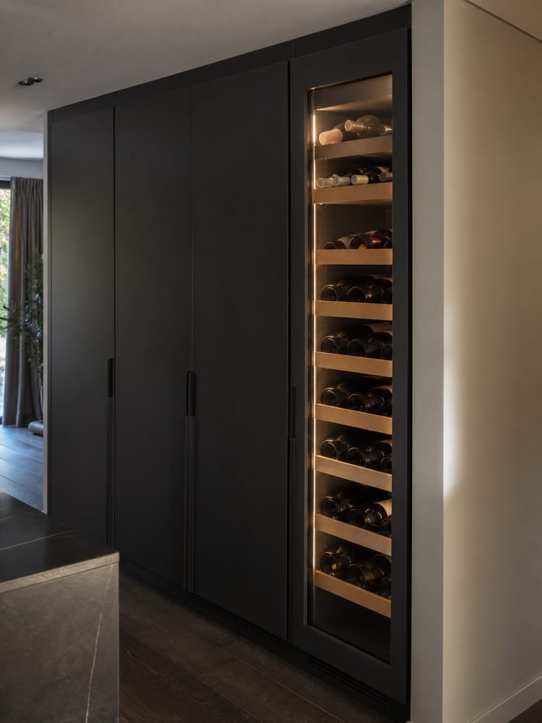 A slim glass-fronted wine column lit at the end of a run of tall built-in refrigeration cabinets