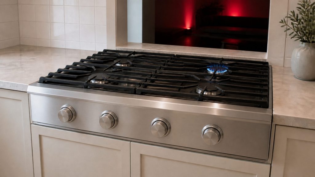 A wide stainless cooking deck without an oven under it, set into a pale stone counter above a plain cabinet: continuous cast grates, four burners with one lit low, and a clean row of unmarked control knobs on the front panel below the deck.