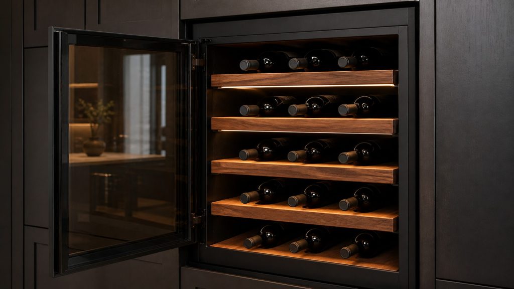 A built-in wine cabinet standing open in dark cabinetry, bottles lying on lit wooden shelves