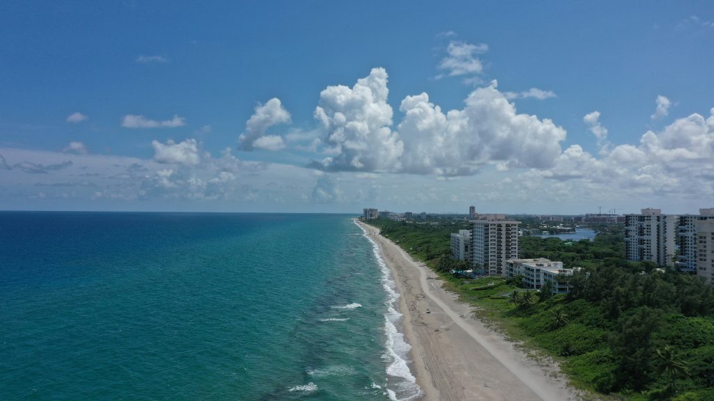 Aerial view of the Boca Raton shoreline with oceanfront condominium towers
