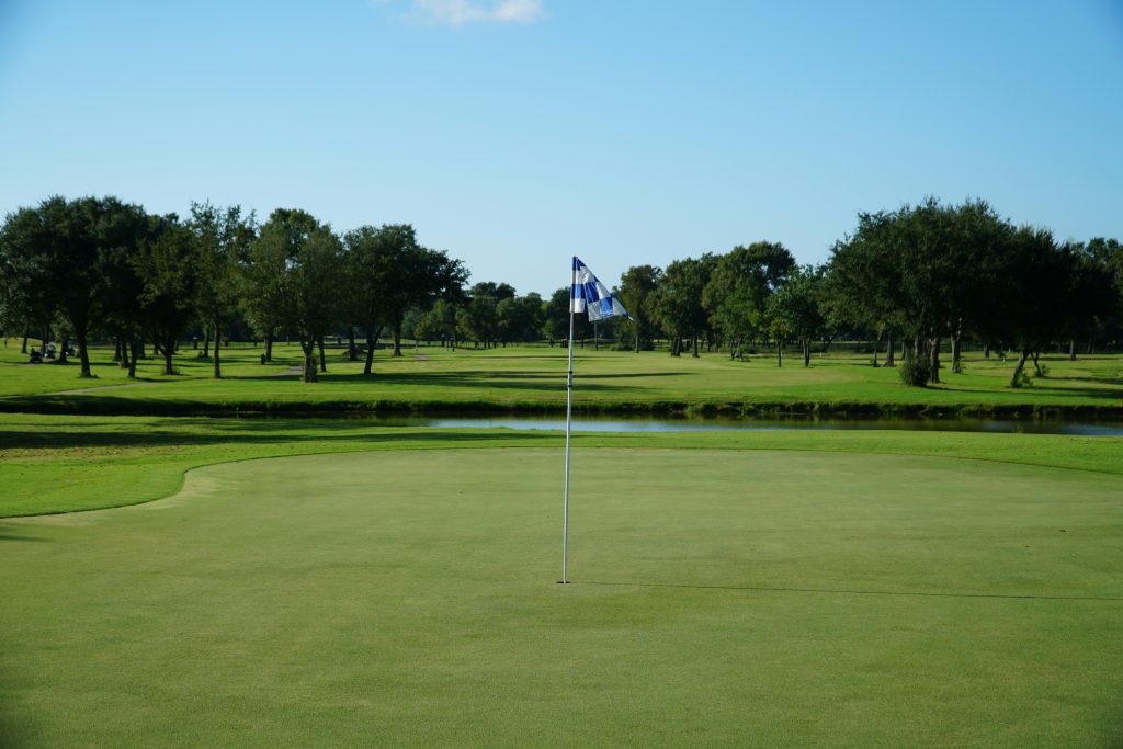 A putting green with the flag in, and a water hazard behind it
