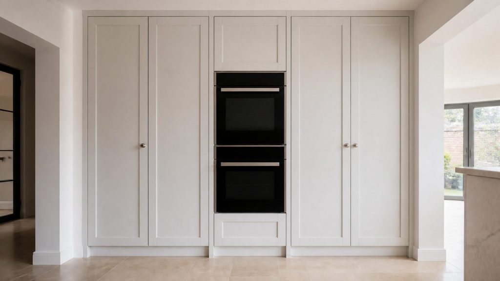 A tall run of pale fitted cabinetry with a double oven built into the middle column, seen straight on in a bright room