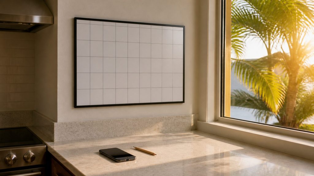 A blank wall planner beside a kitchen window in early light, a phone and a pencil on the worktop below