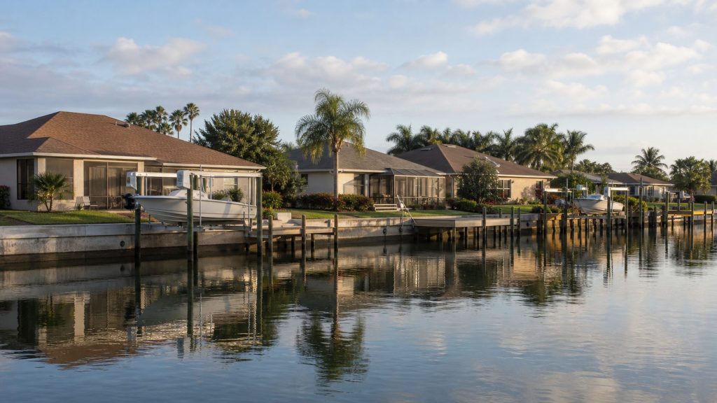 Single-story waterfront houses along a canal with private docks, boat lifts and screened porches, reflected in still water