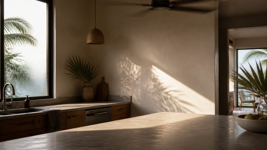 Late afternoon light and palm shadows across the wall of a coastal kitchen, condensation on the window glass